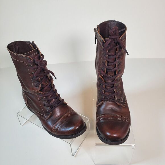 Steve Madden Women’s Boots Size 7.5 Brown Leather Troopa Combat Lace-Up Side Zip - Picture 2 of 13